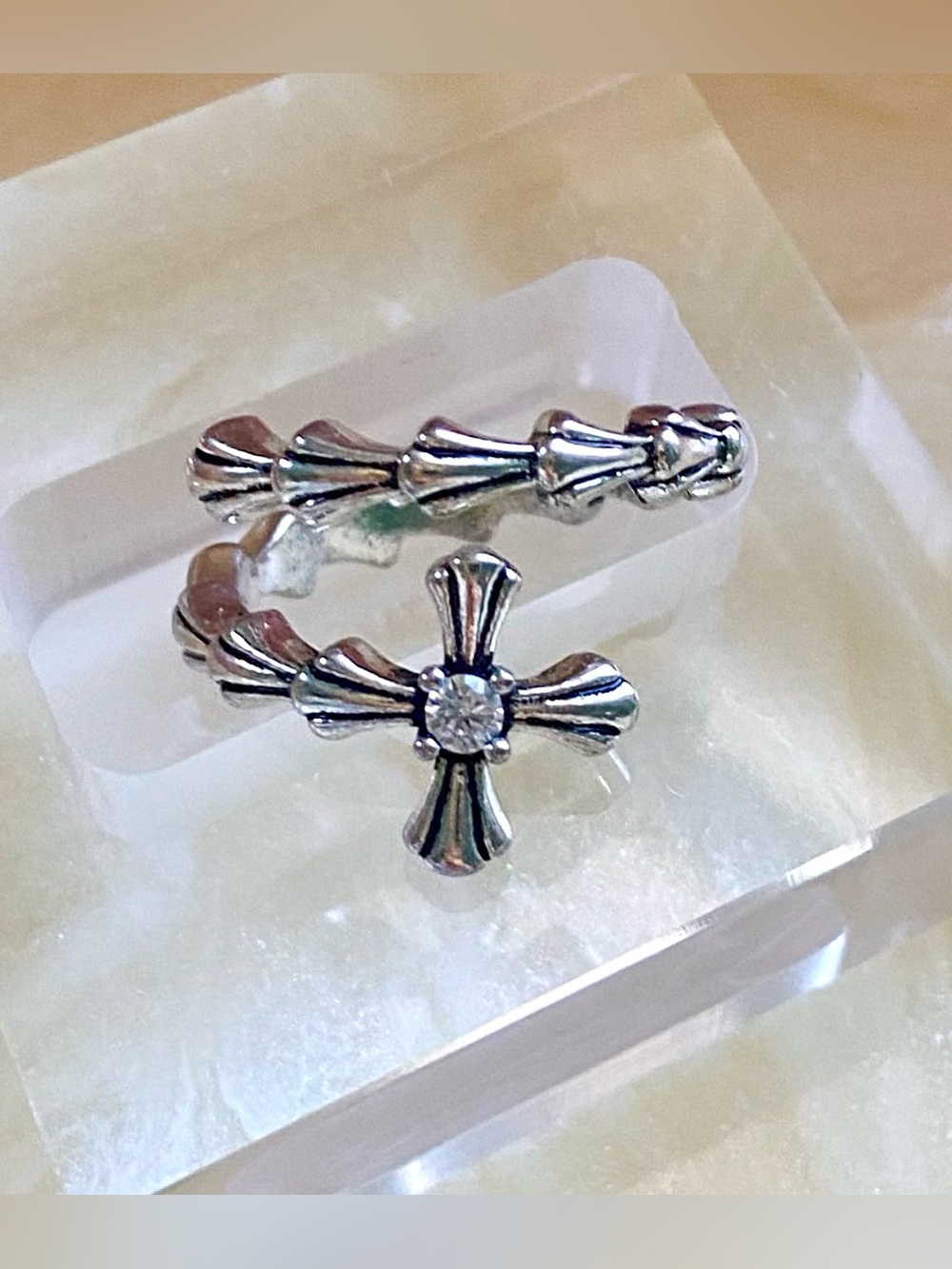 Silver Floral Cross Wrap Ring with Central Stone